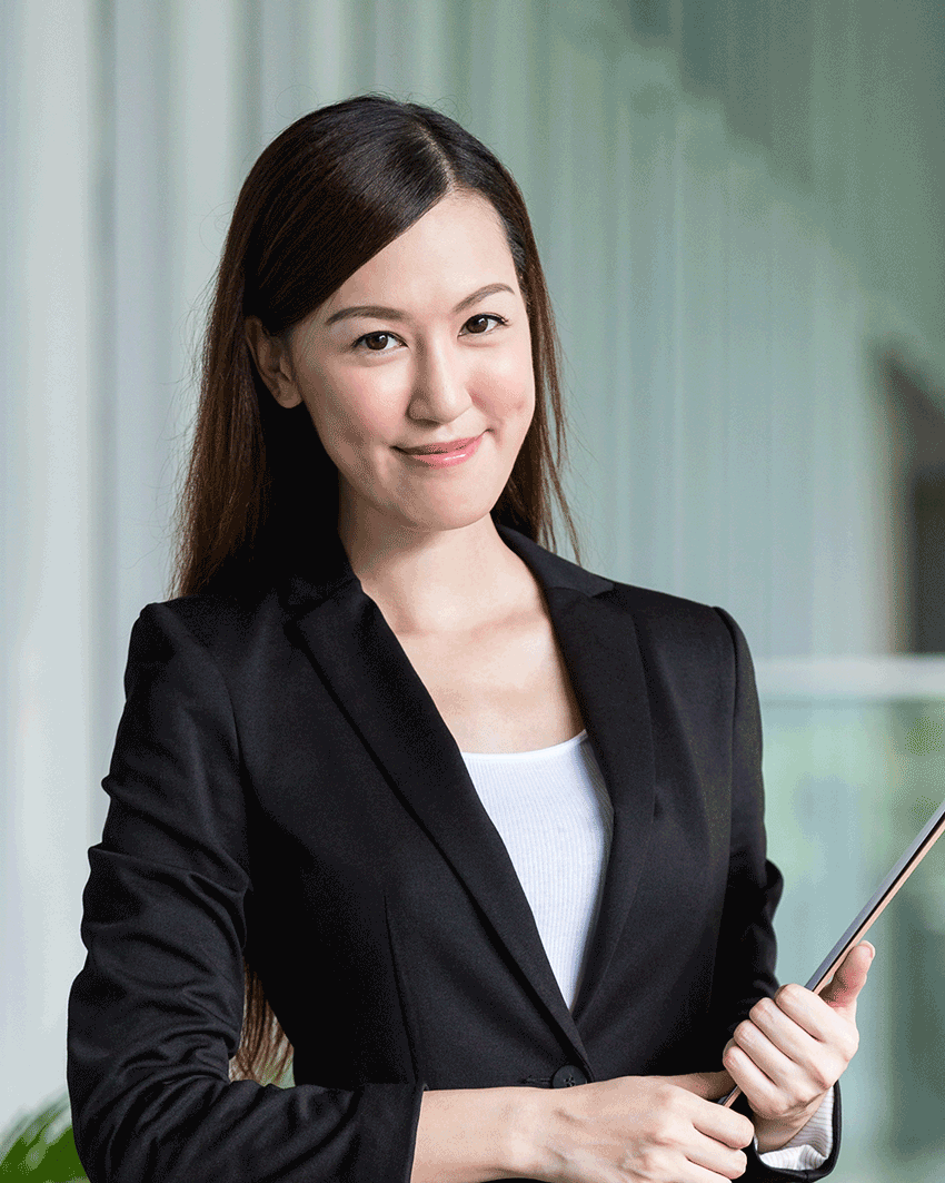 A woman in black jacket holding a tablet.