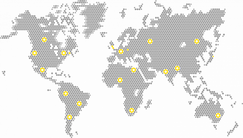 A map of the world with yellow dots on it.