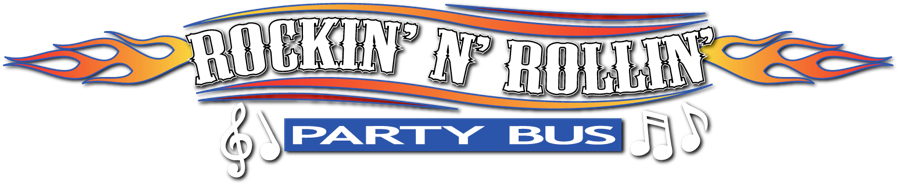 A banner that says " party bus " in blue and orange.