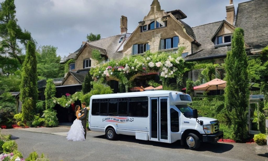 A bride and groom are walking towards the wedding bus.