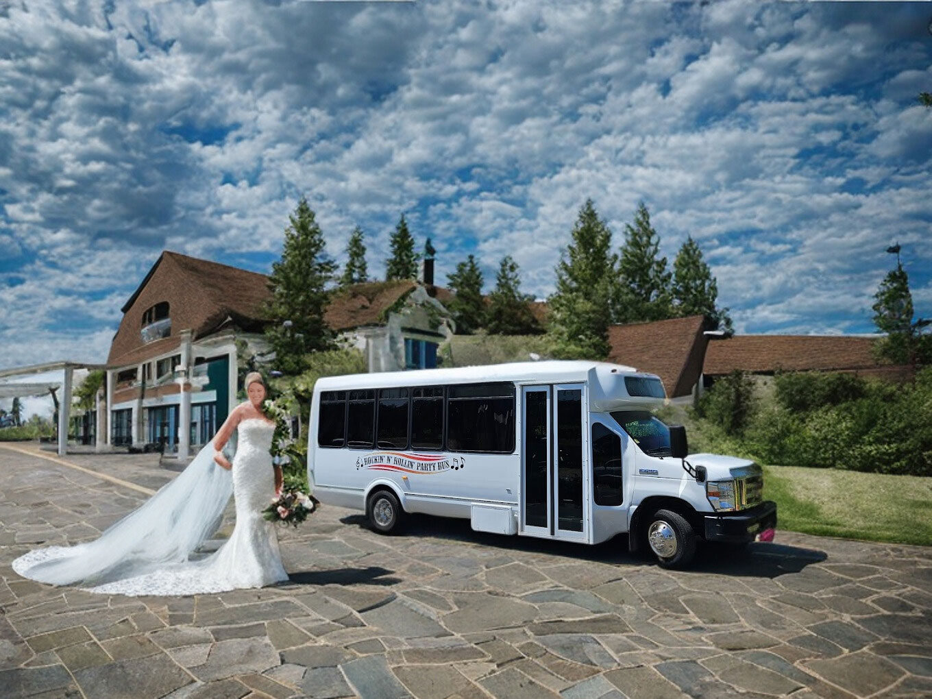 A bride and her dress is next to the wedding bus.