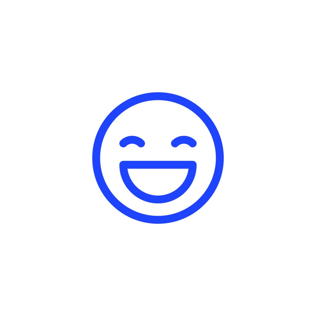 A blue and white icon of a smiling face