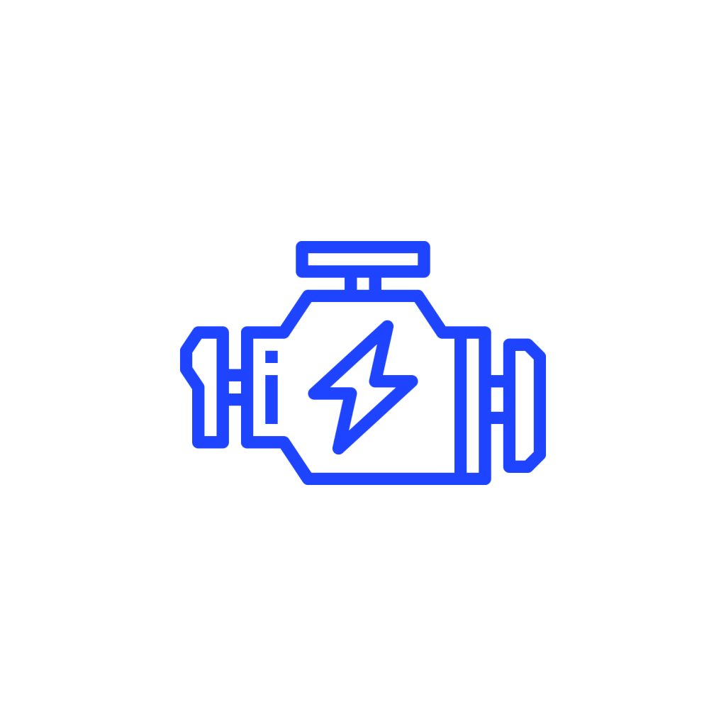 A blue line drawing of an engine with a lightning bolt.